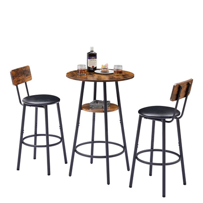 Round Bar Stool Set with Built-In Shelf, Upholstered Seat and Backrest for Kitchen Bar, Rustic Brown