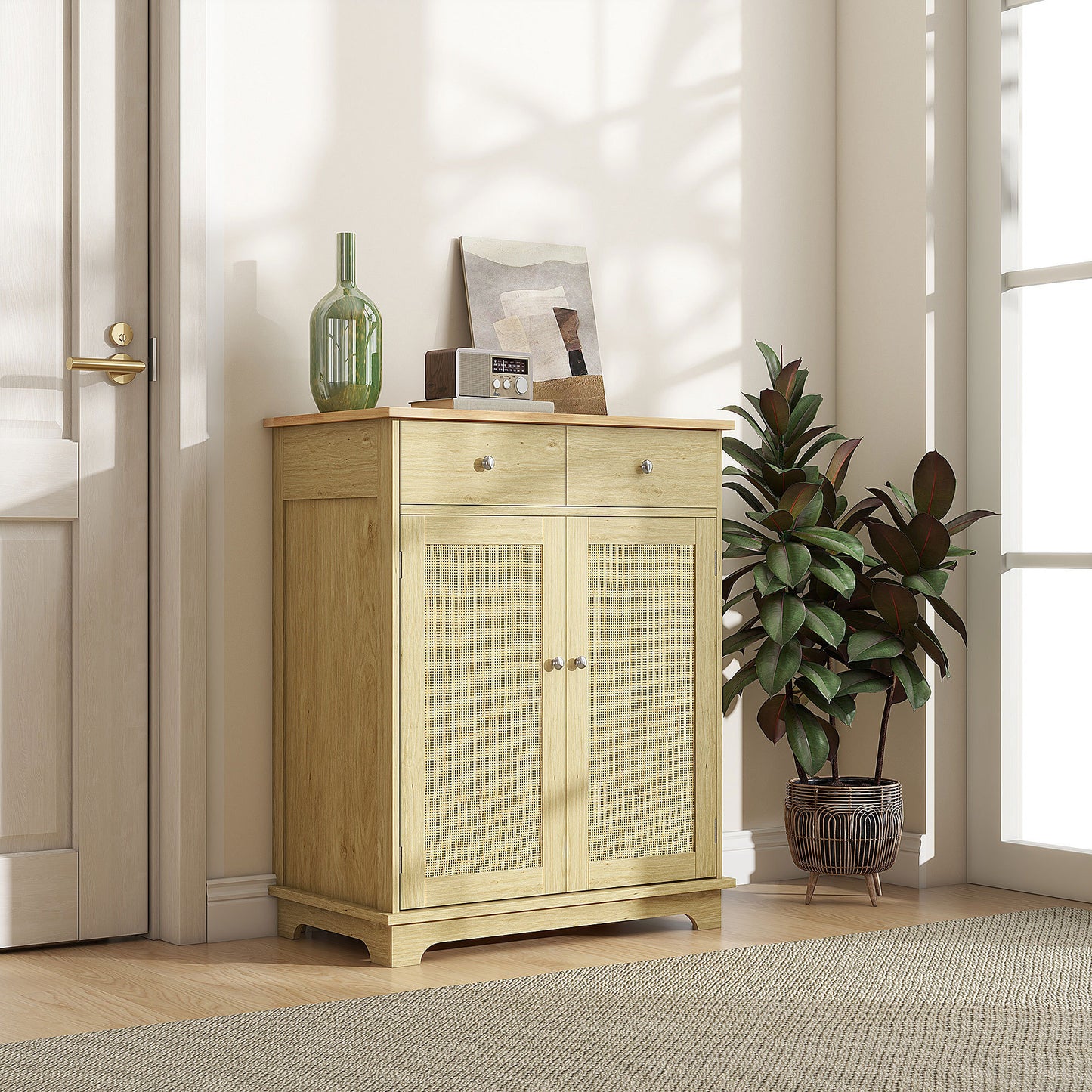 HOMCOM Sideboard with Solid Wood Countertop, Modern Kitchen Storage Cabinet, Coffee Bar Cabinet with 2 Drawers, Doors and Adjustable Shelf, Natural Rattan