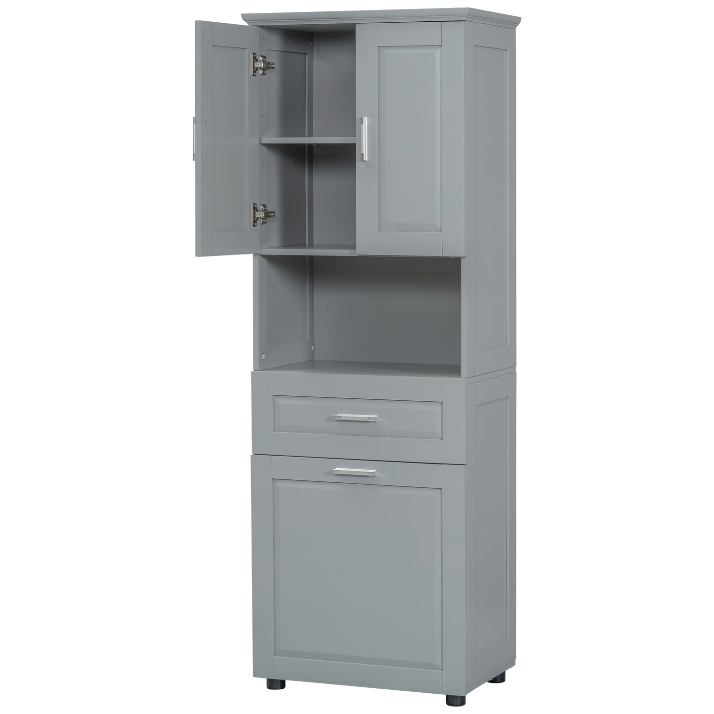 Tall Grey Storage Cabinet with Removable Laundry Hamper, Multi-Functional Upper Shelves and Cabinet Doors