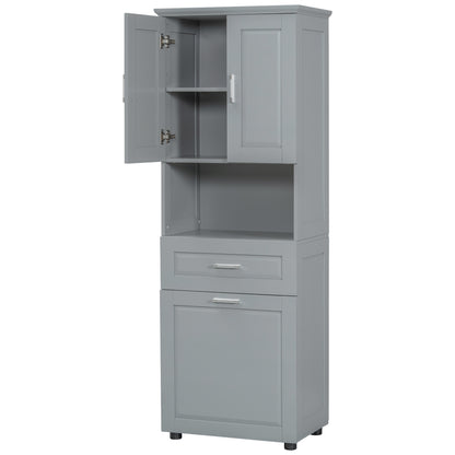 Tall Grey Storage Cabinet with Removable Laundry Hamper, Multi-Functional Upper Shelves and Cabinet Doors