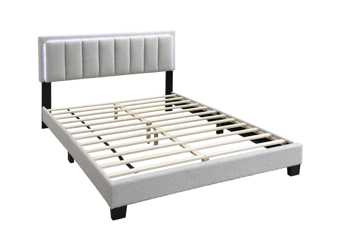 Elegant Light Gray Wool Upholstered Queen Bed with LED Channel Tufted Headboard