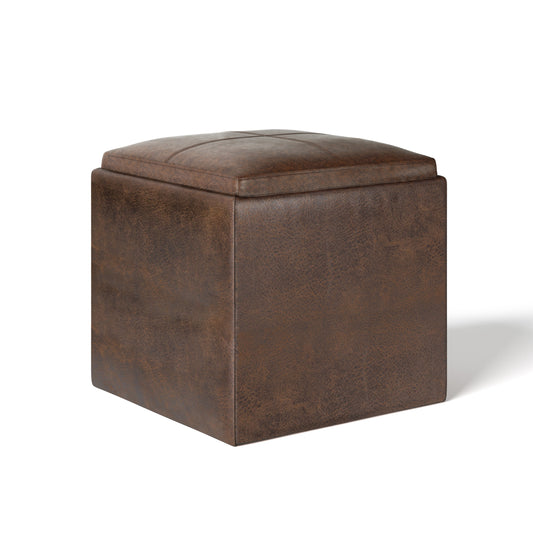Cube Storage Ottoman with Flip Tray, Hidden Storage, Contemporary Living Room Seating, Distressed Brown