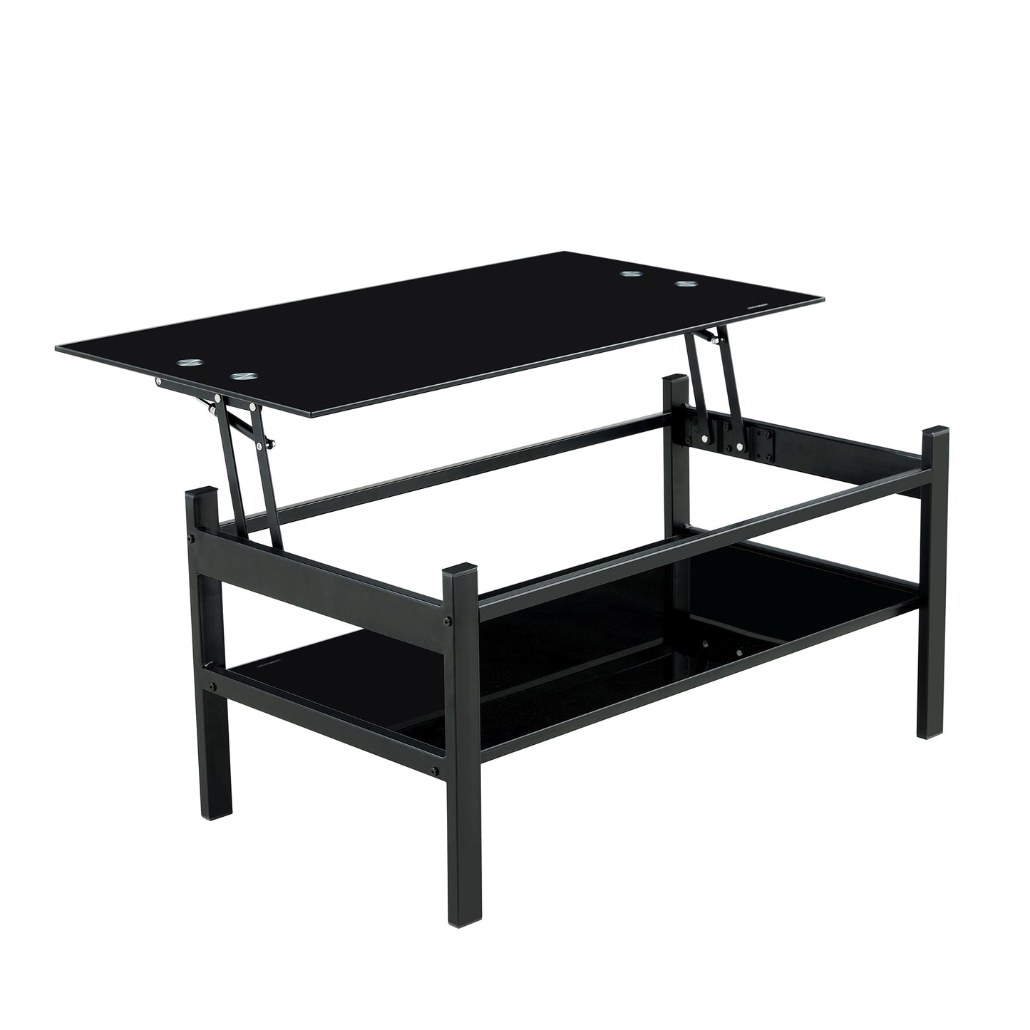 Lift-Top Coffee Table with Tempered Glass 37.8x21.3x17.7in Lower Shelf Metal Frame Living Room Black