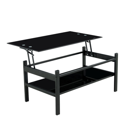 Lift-Top Coffee Table with Tempered Glass 37.8x21.3x17.7in Lower Shelf Metal Frame Living Room Black