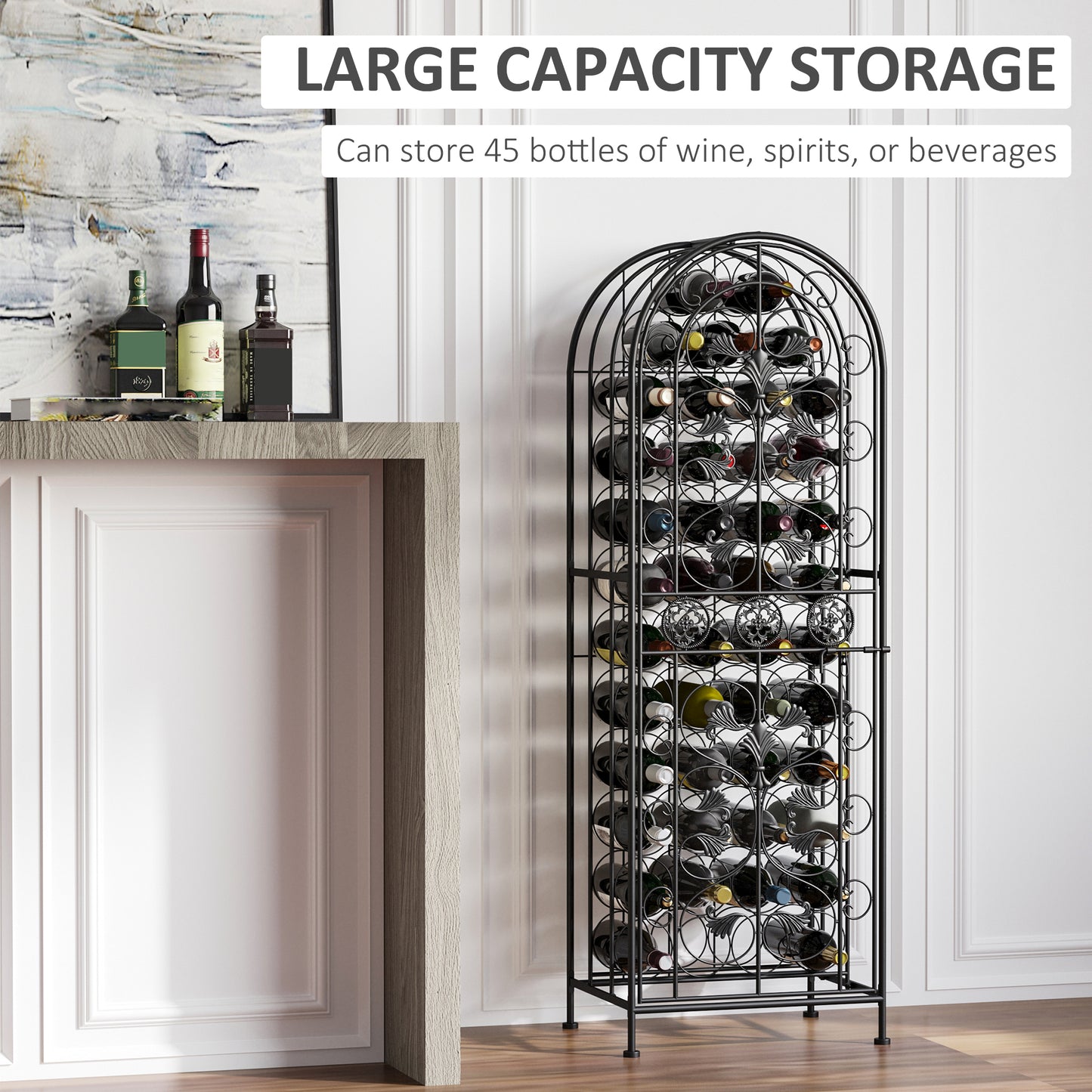 Elegant Black Wrought Iron Wine Cage Rack For 45 Bottles