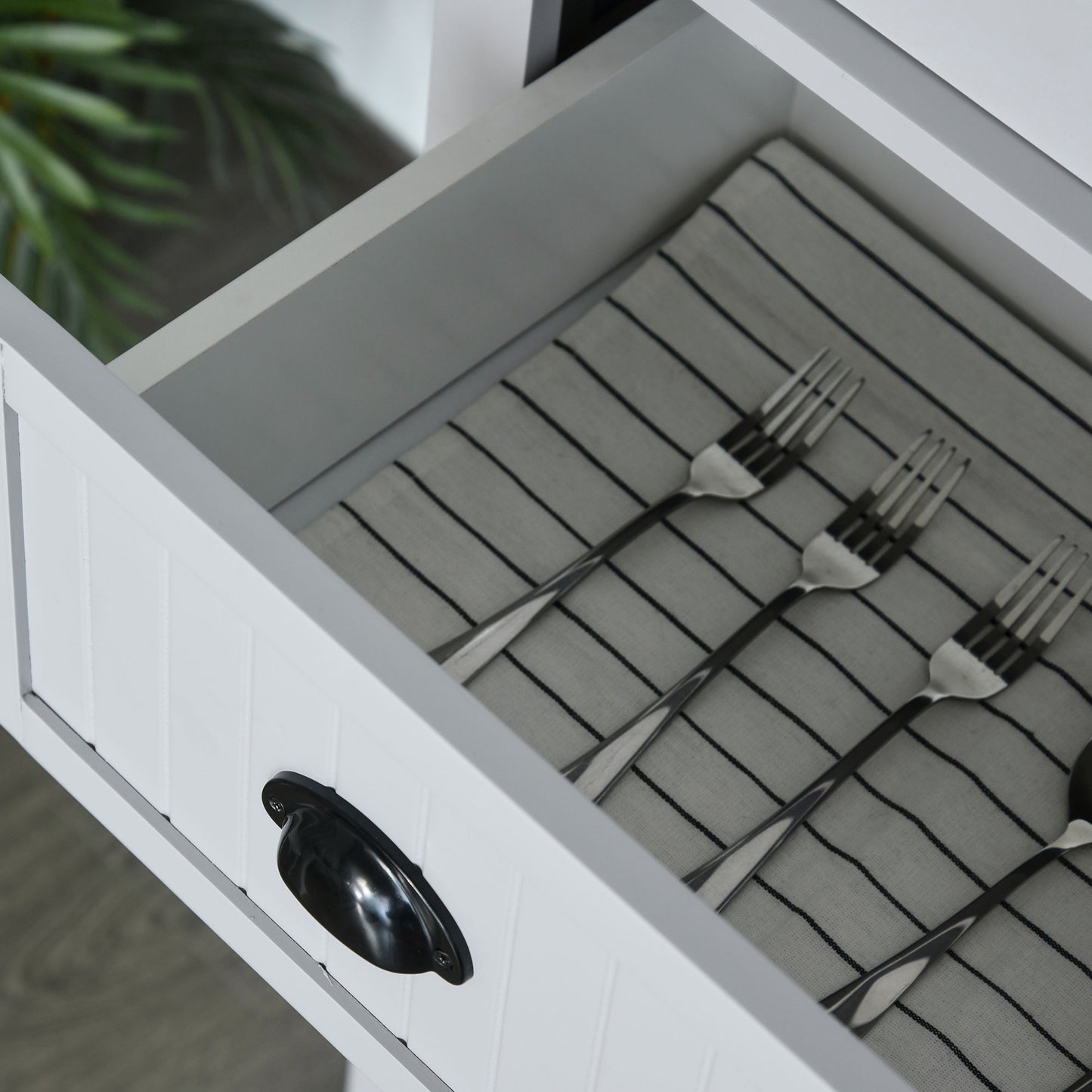 Freestanding Gray Kitchen Pantry with 4 Doors, 3 Adjustable Shelves, and Central Drawer - Traditional Beadboard Design