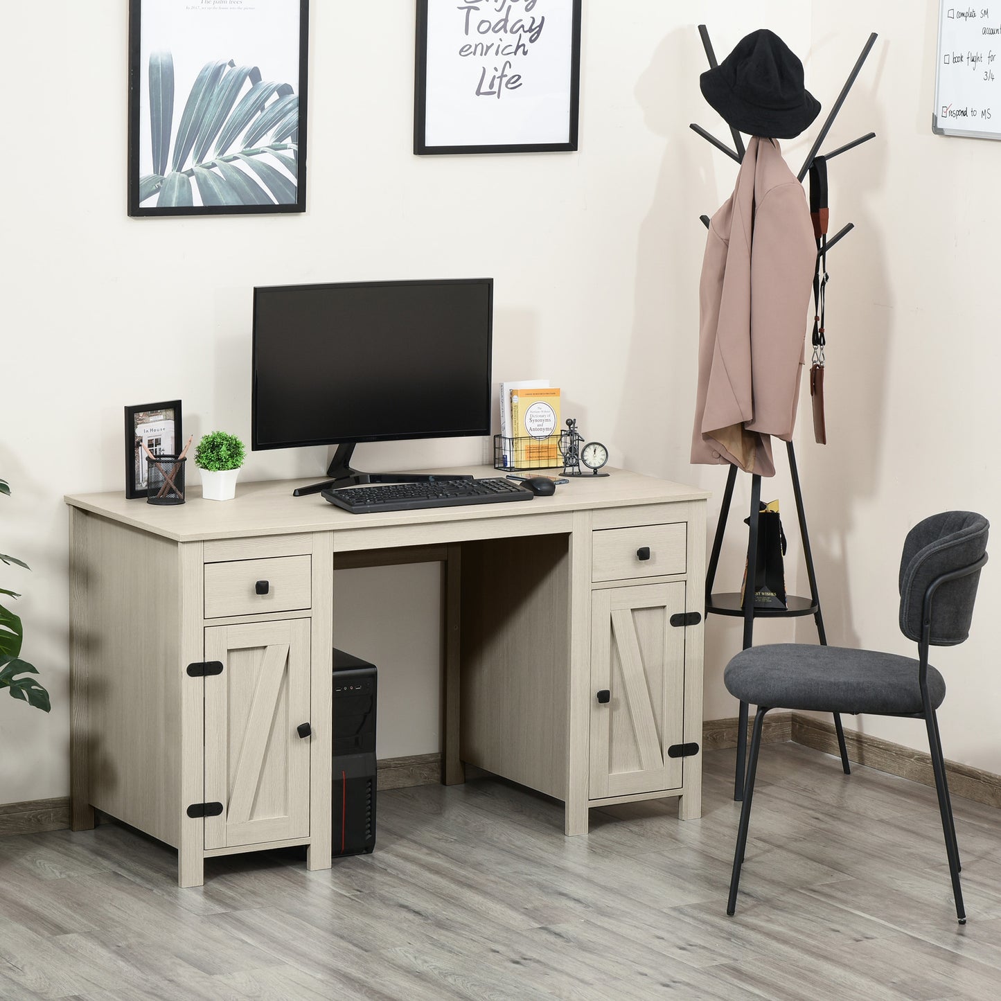 Cream White Farmhouse Style Computer Desk with Storage Drawers and Cabinets for Home Office