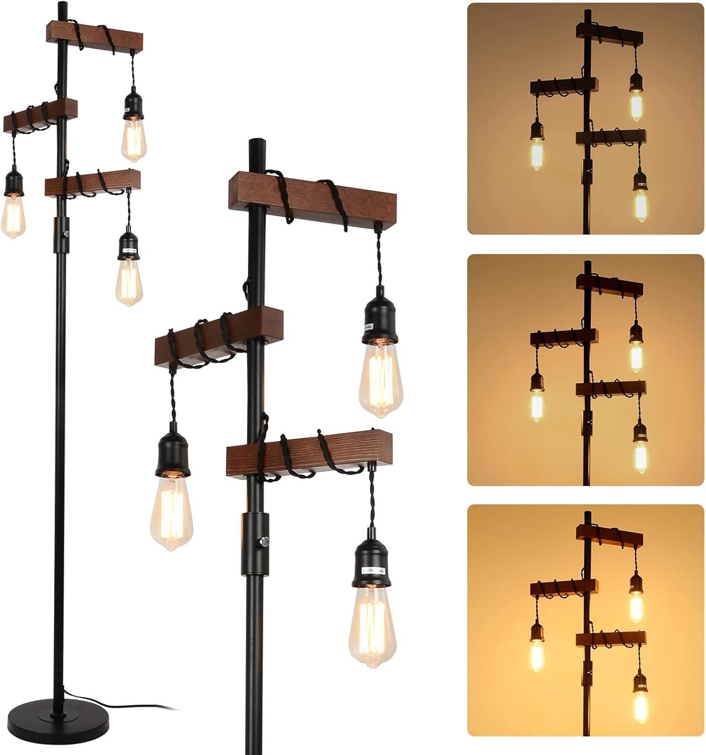 68-Inch 3-Head Dimmable Floor Lamp, Wood & Metal Base, Rustic Farmhouse Lighting for Living Room Black