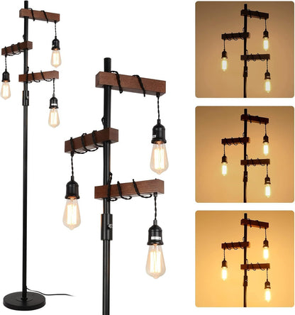 68-Inch 3-Head Dimmable Floor Lamp, Wood & Metal Base, Rustic Farmhouse Lighting for Living Room Black