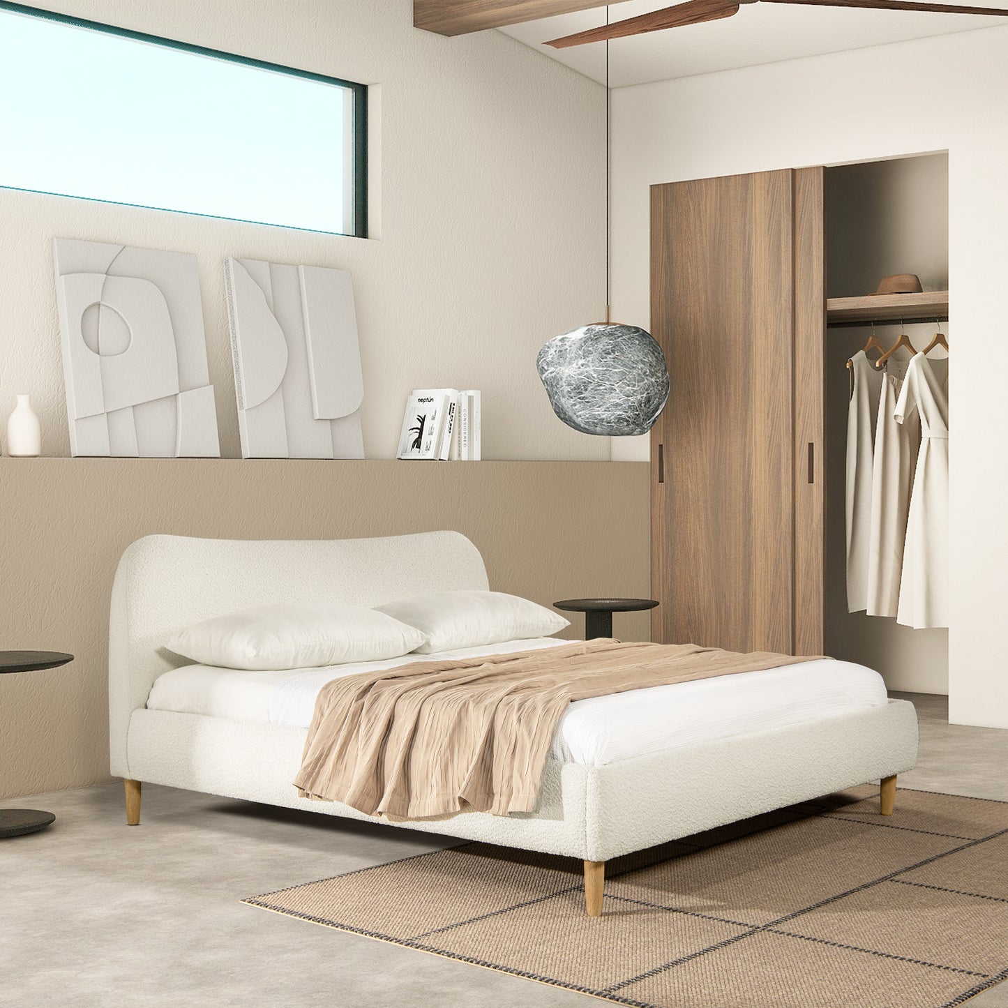 Ivory White Boucle King Platform Bed with Curved Upholstered Headboard