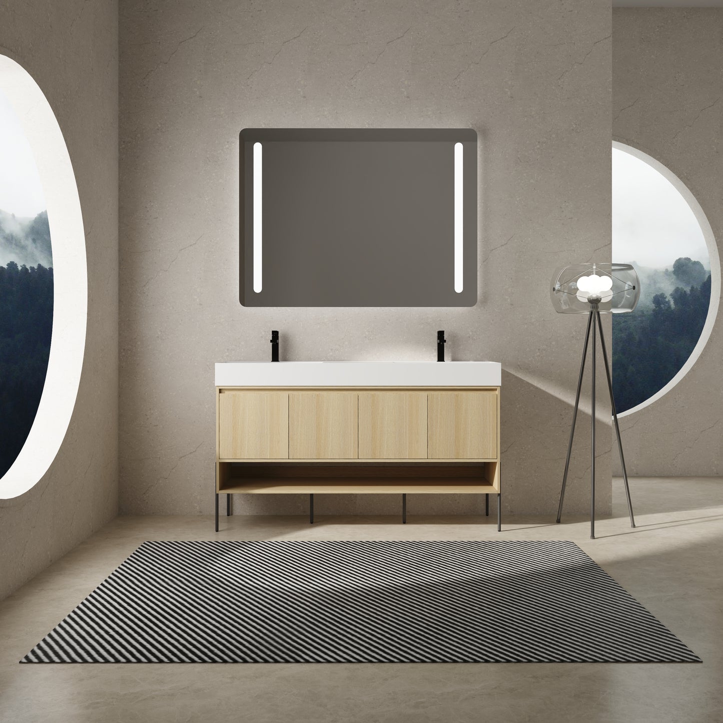 60-Inch Modern Oak Bathroom Vanity Set with Single Resin Sink and 4-Door Storage Cabinet