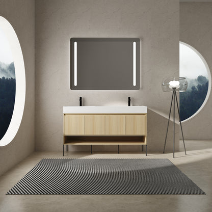 60-Inch Modern Oak Bathroom Vanity Set with Single Resin Sink and 4-Door Storage Cabinet