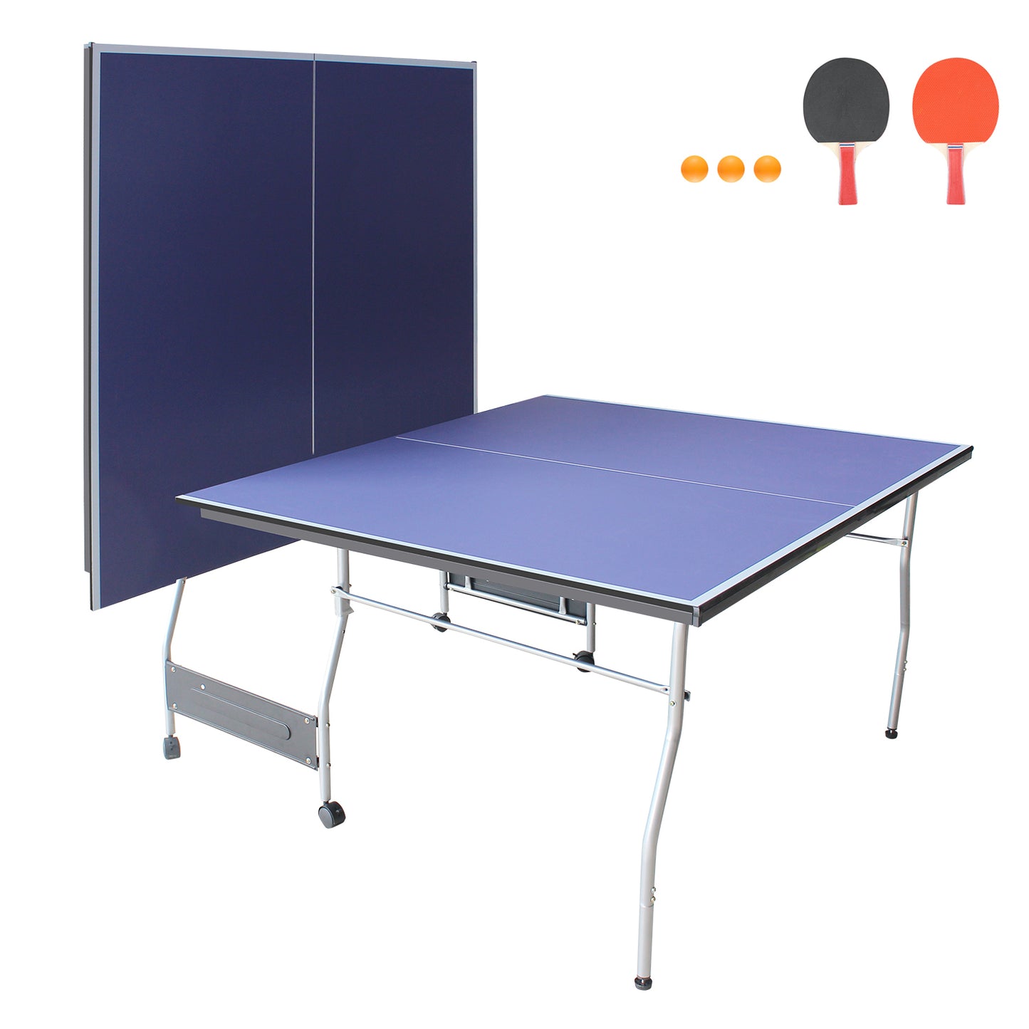 8ft Mid-Size Foldable TT Table for Indoor/Outdoor - Portable Ping Pong Set w/ Net, 2 Paddles, 3 Balls Blue