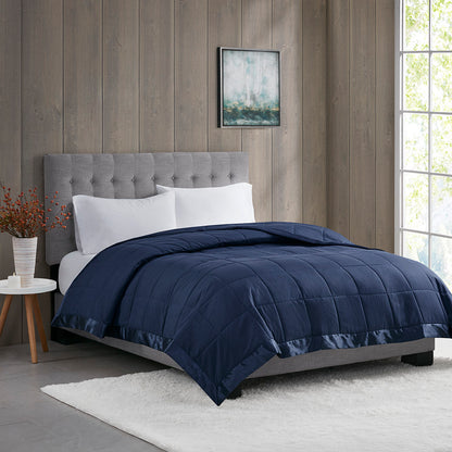 Lightweight Down-Alternative Blanket with Satin Trim, 90x90 Full/Queen, 3M Scotchgard, Polyester, Navy