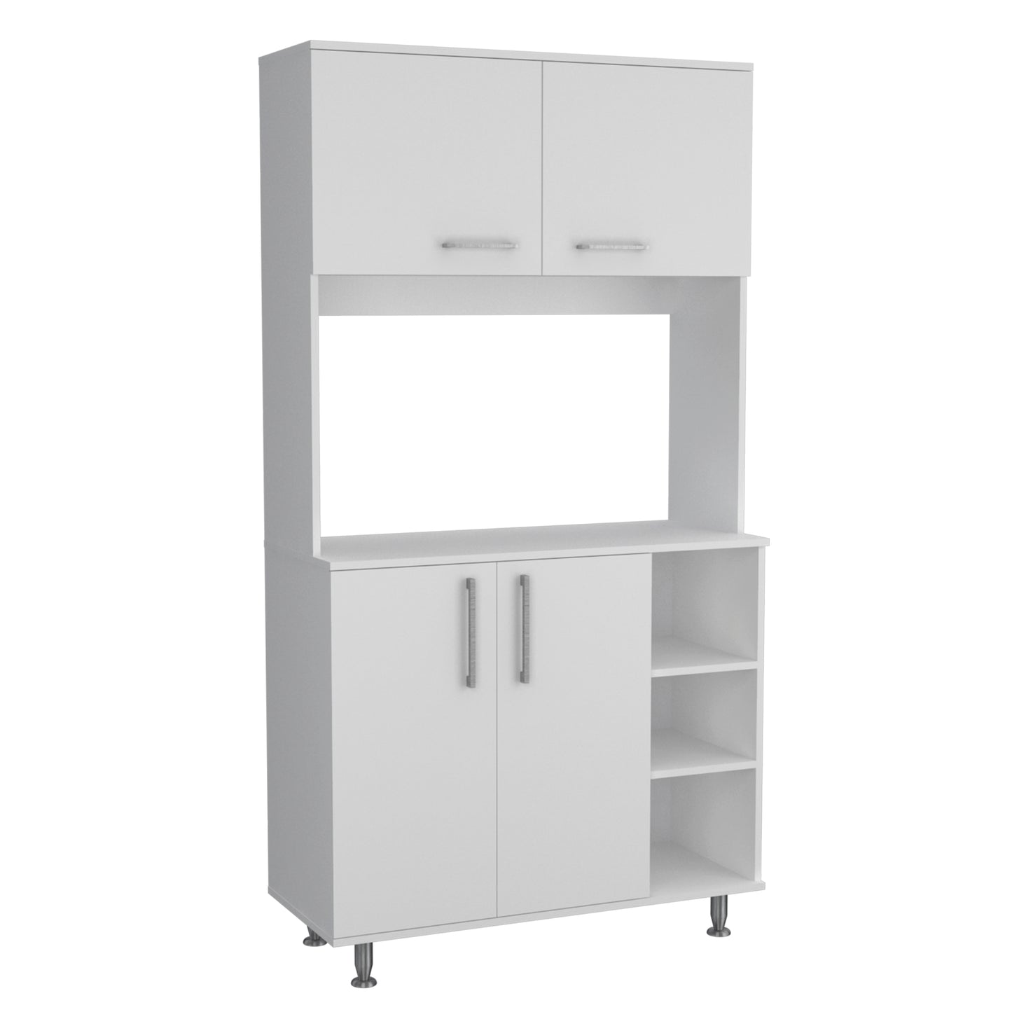 Modern White Freestanding Double Door Pantry Cabinet with Adjustable Legs and Open Shelving