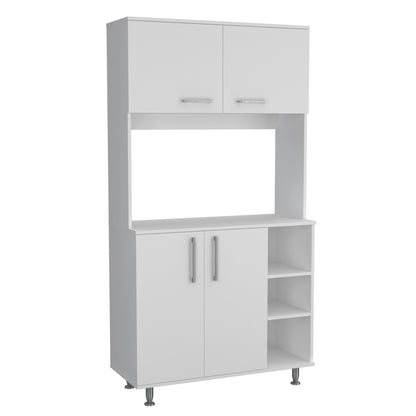 Modern White Freestanding Double Door Pantry Cabinet with Adjustable Legs and Open Shelving