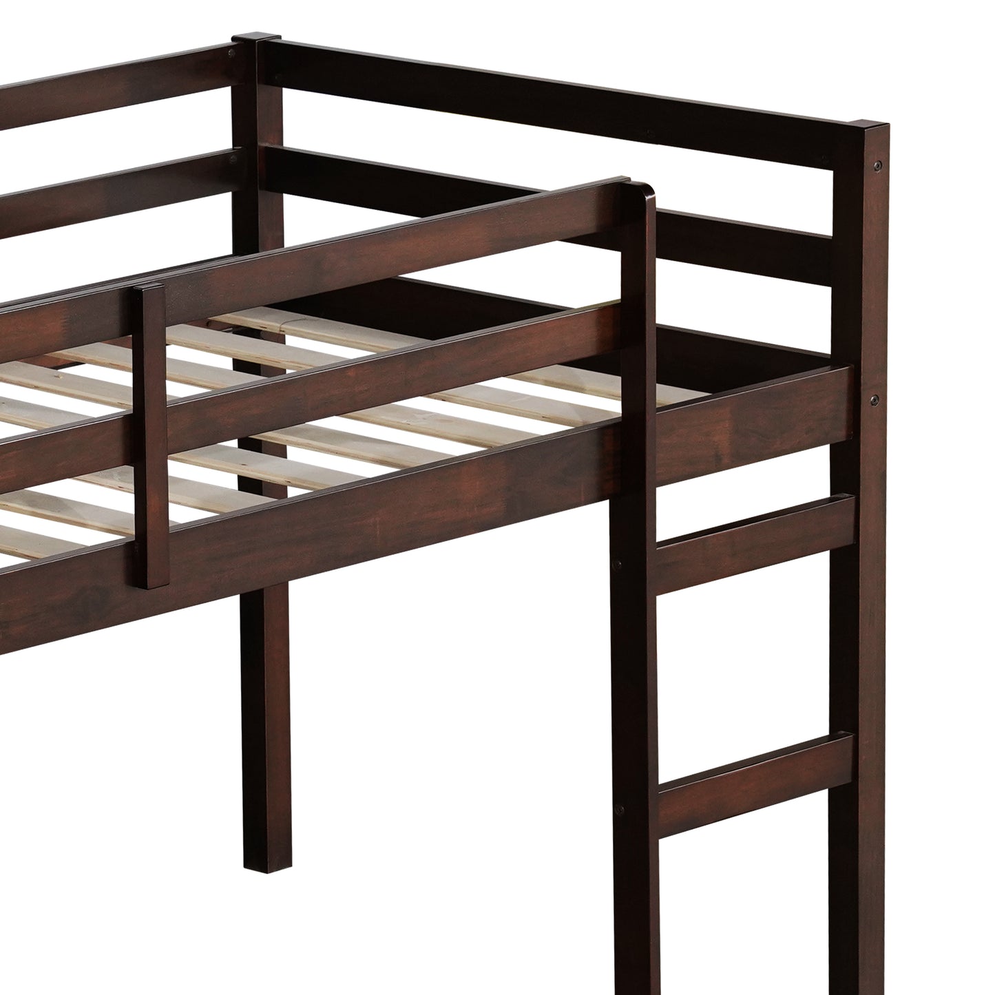 Espresso Rubber Wood Twin Loft Bed with Ladder and Enhanced Support Slats