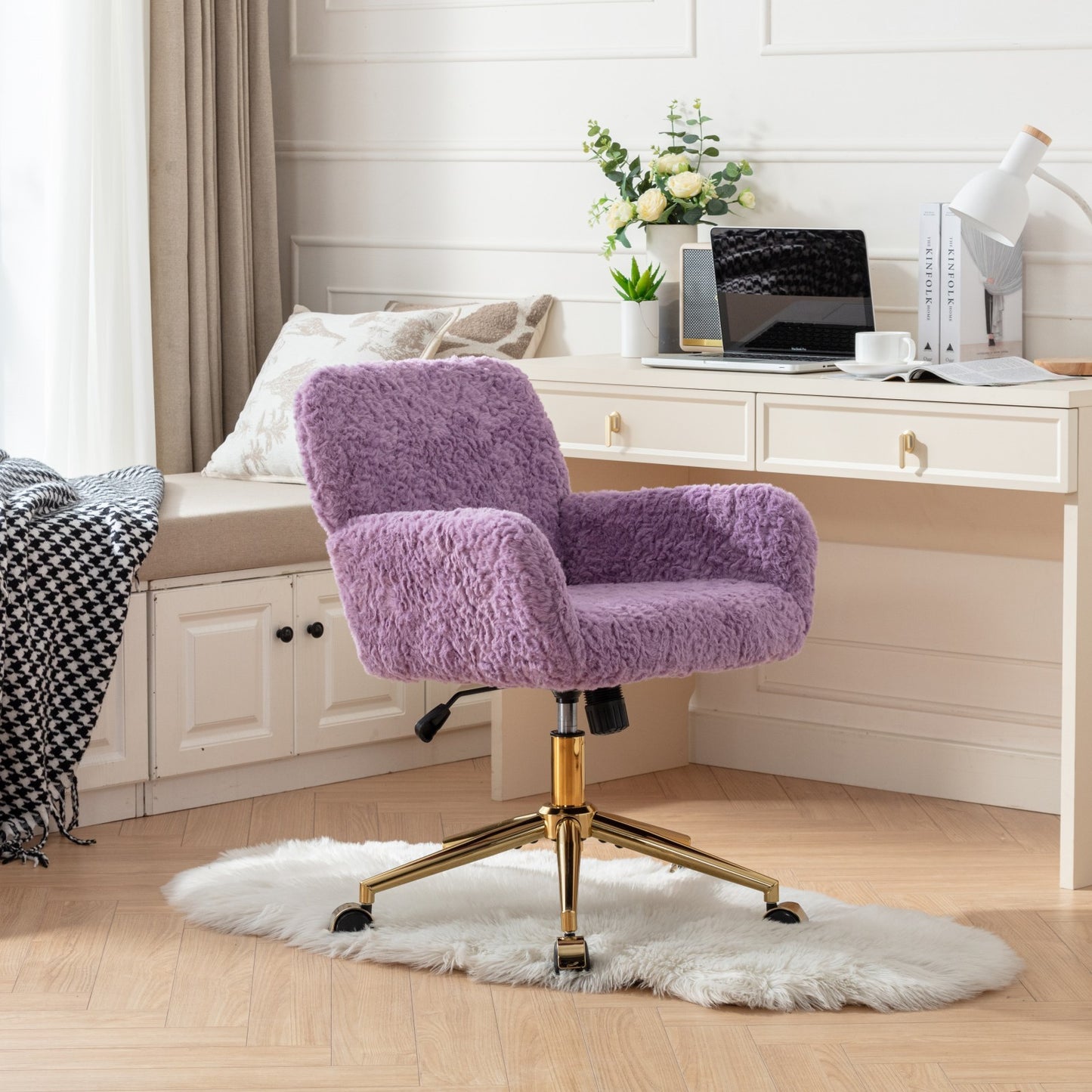 Violet Velvet Office Chair with Golden Base, Adjustable Swivel Design, Plush Artificial Alpaca Wool Upholstery, Ideal for Home and Vanity Use