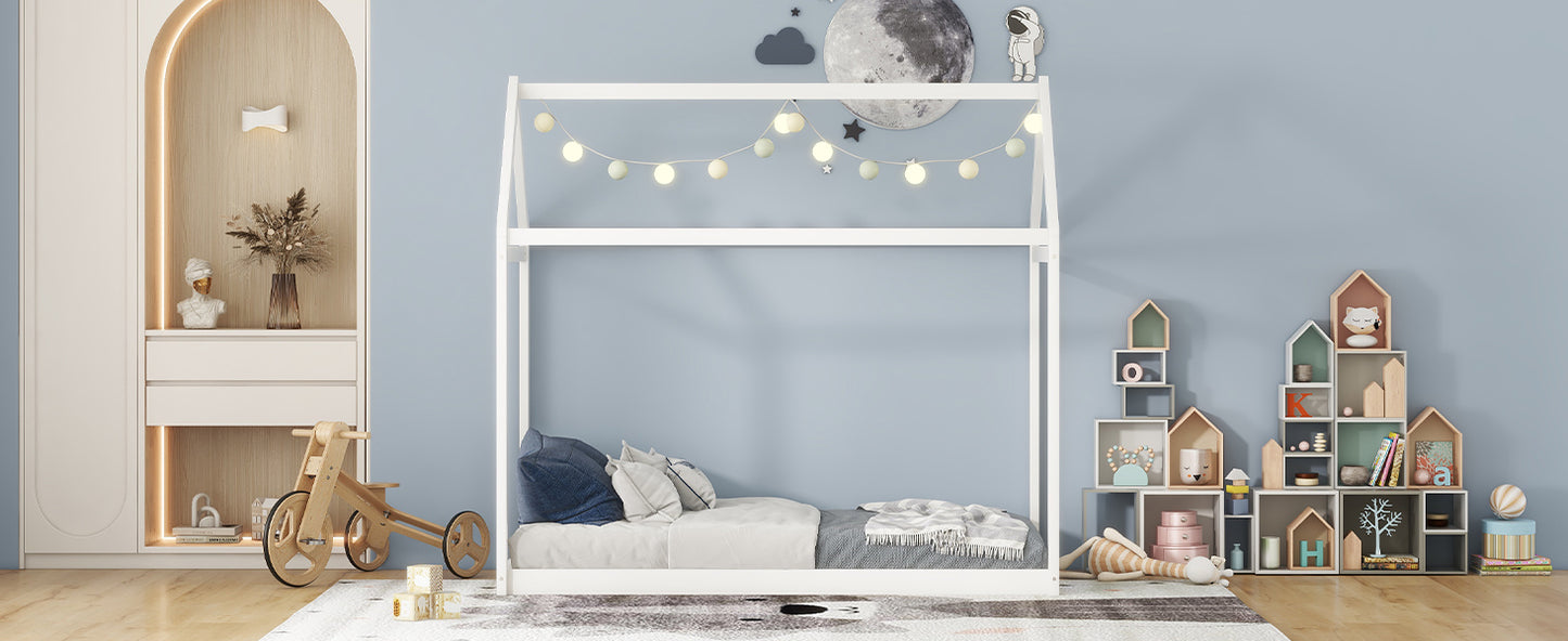 White Twin Size Pine Wood House Bed for Kids