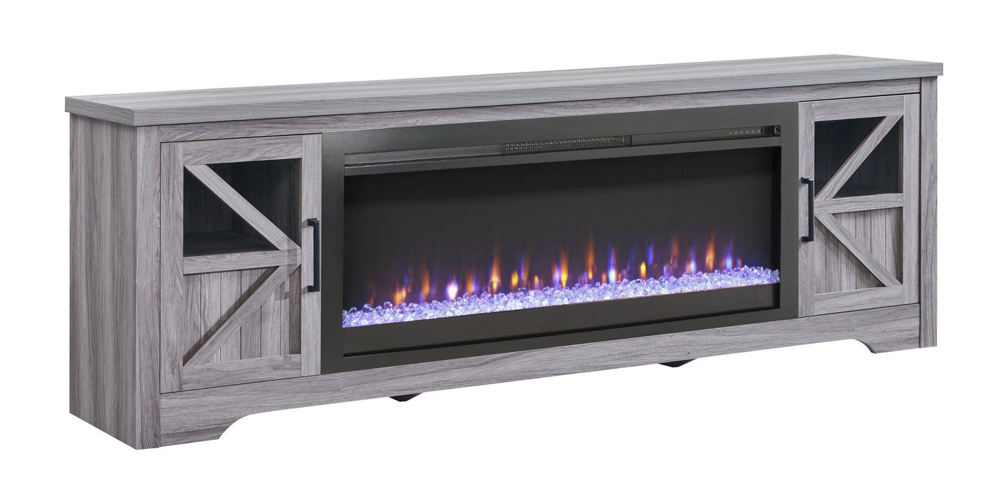75-Inch TV Stand with Electric Fireplace, 1400W Heater, Remote, Glass & MDF, Fits 80-Inch TVs, Gray Wash