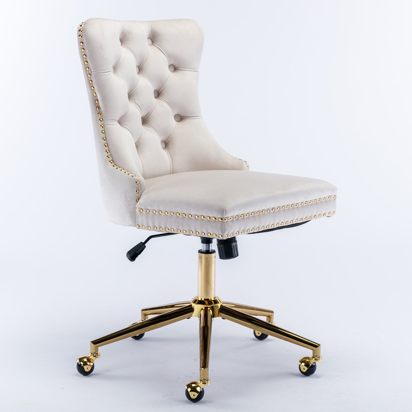 Velvet Tufted Button Office Chair with Golden Base - Adjustable Swivel Desk Chair in Beige