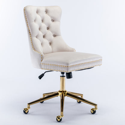 Velvet Tufted Button Office Chair with Golden Base - Adjustable Swivel Desk Chair in Beige