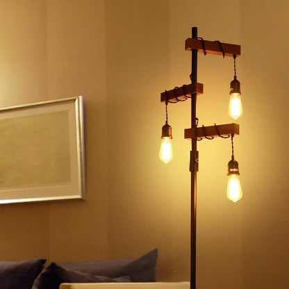 68-Inch 3-Head Dimmable Floor Lamp, Wood & Metal Base, Rustic Farmhouse Lighting for Living Room Black