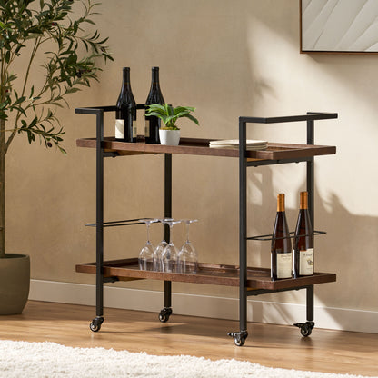 Modern Industrial Rolling Bar Cart With Wood Shelves