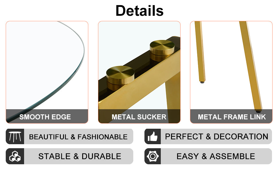 Modern minimalist style circular transparent tempered glass table, tempered glass tabletop, golden metal legs, suitable for kitchen, dining room, and living room, 42 "* 42" * 29.5 "1123r