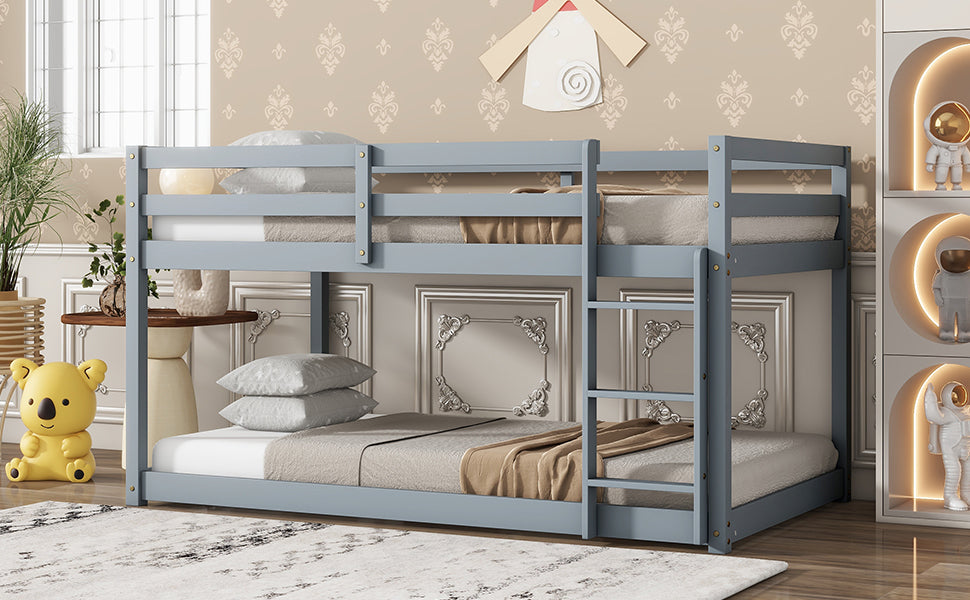 Durable Grey Twin over Twin Loft Bed with Ladder and Sturdy Slat Support