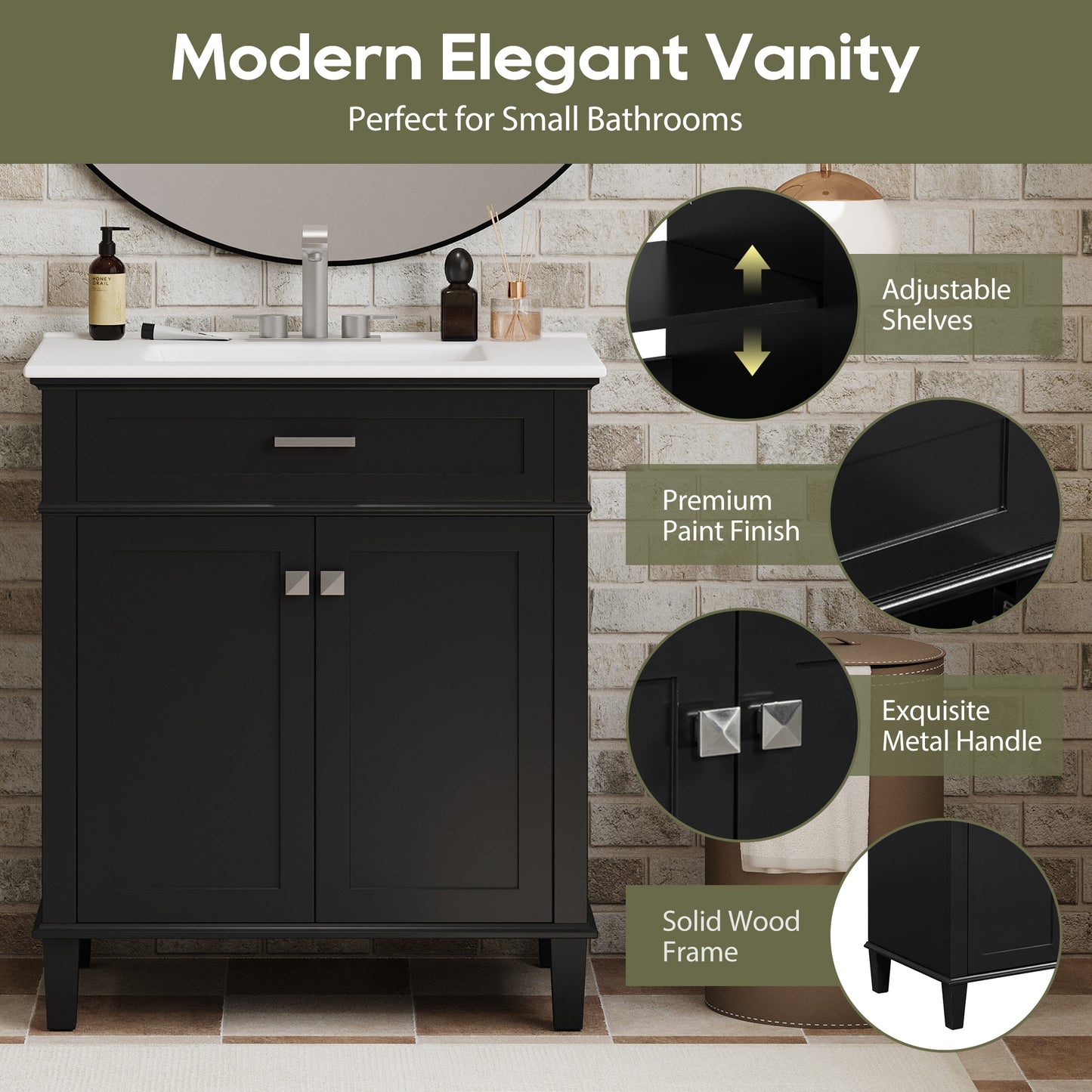 30-Inch Black Bathroom Vanity with Ceramic Sink, Soft-Close Doors, and Adjustable Storage Shelves