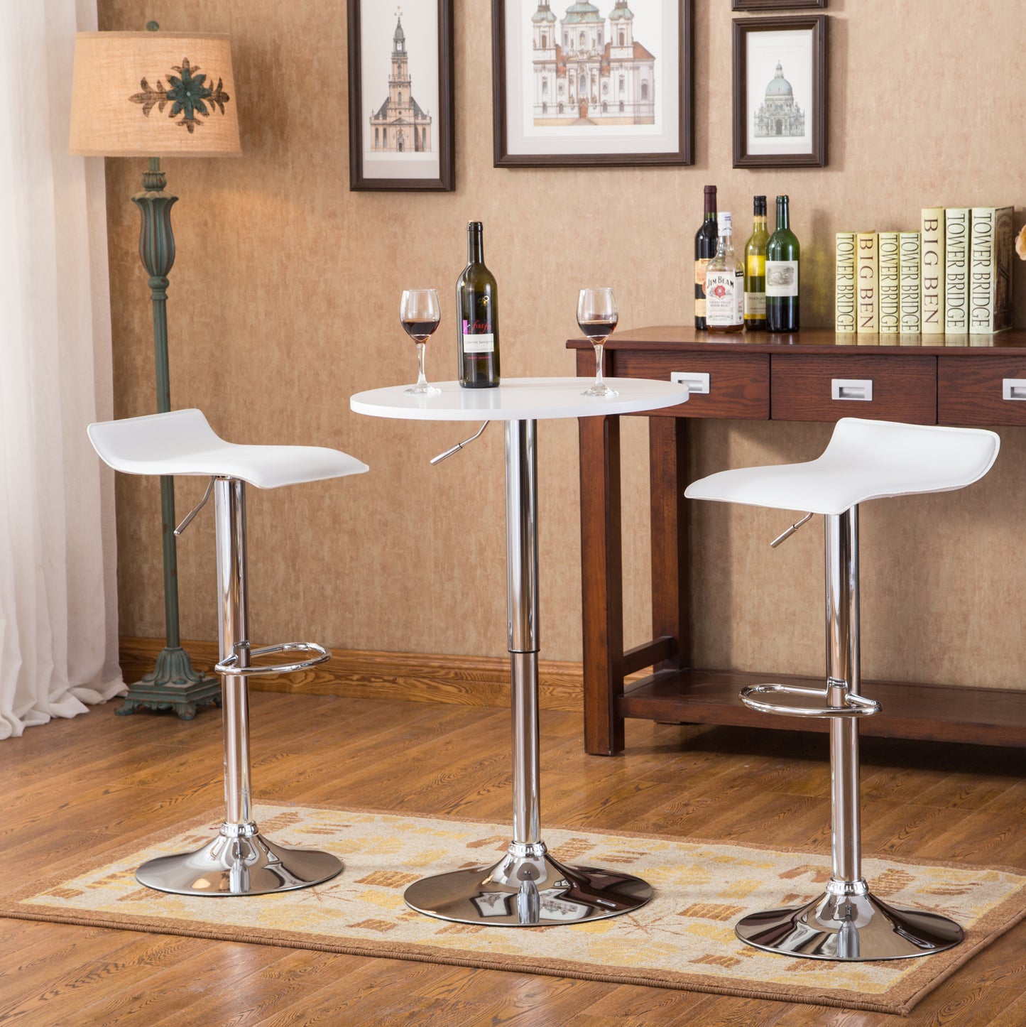 Adjustable Height Bar Table with Wood Top & Chrome Metal Frame, 2 Chrome Air Lift Swivel Stools, White