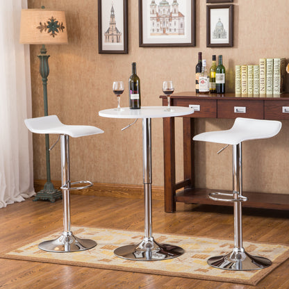 Adjustable Height Bar Table with Wood Top & Chrome Metal Frame, 2 Chrome Air Lift Swivel Stools, White