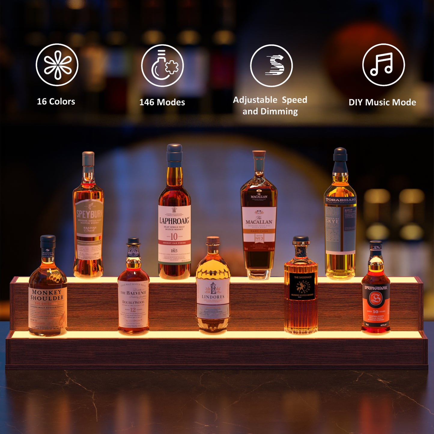 Illuminated Walnut Liquor Display With LED Rack 37 Inch Bar