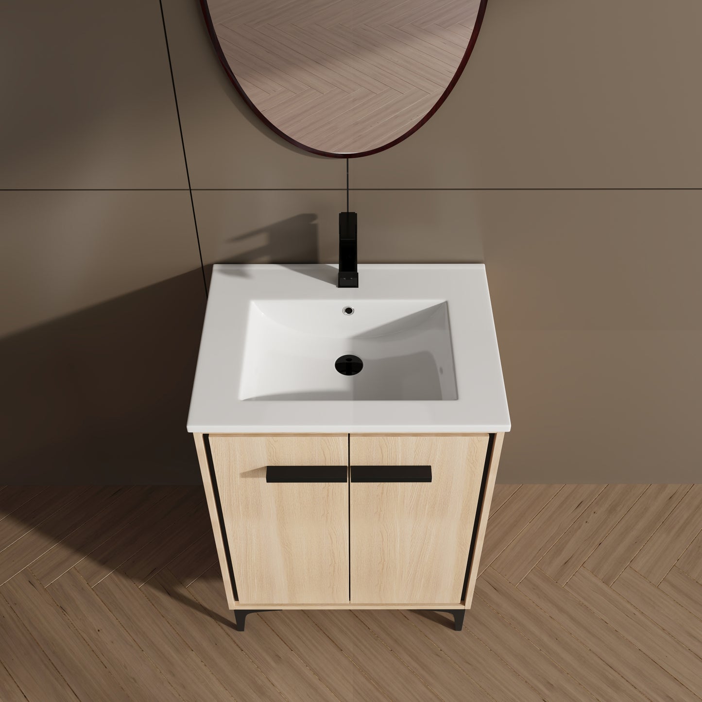 24-Inch Oak Bathroom Vanity with Ceramic Basin and Storage Cabinet