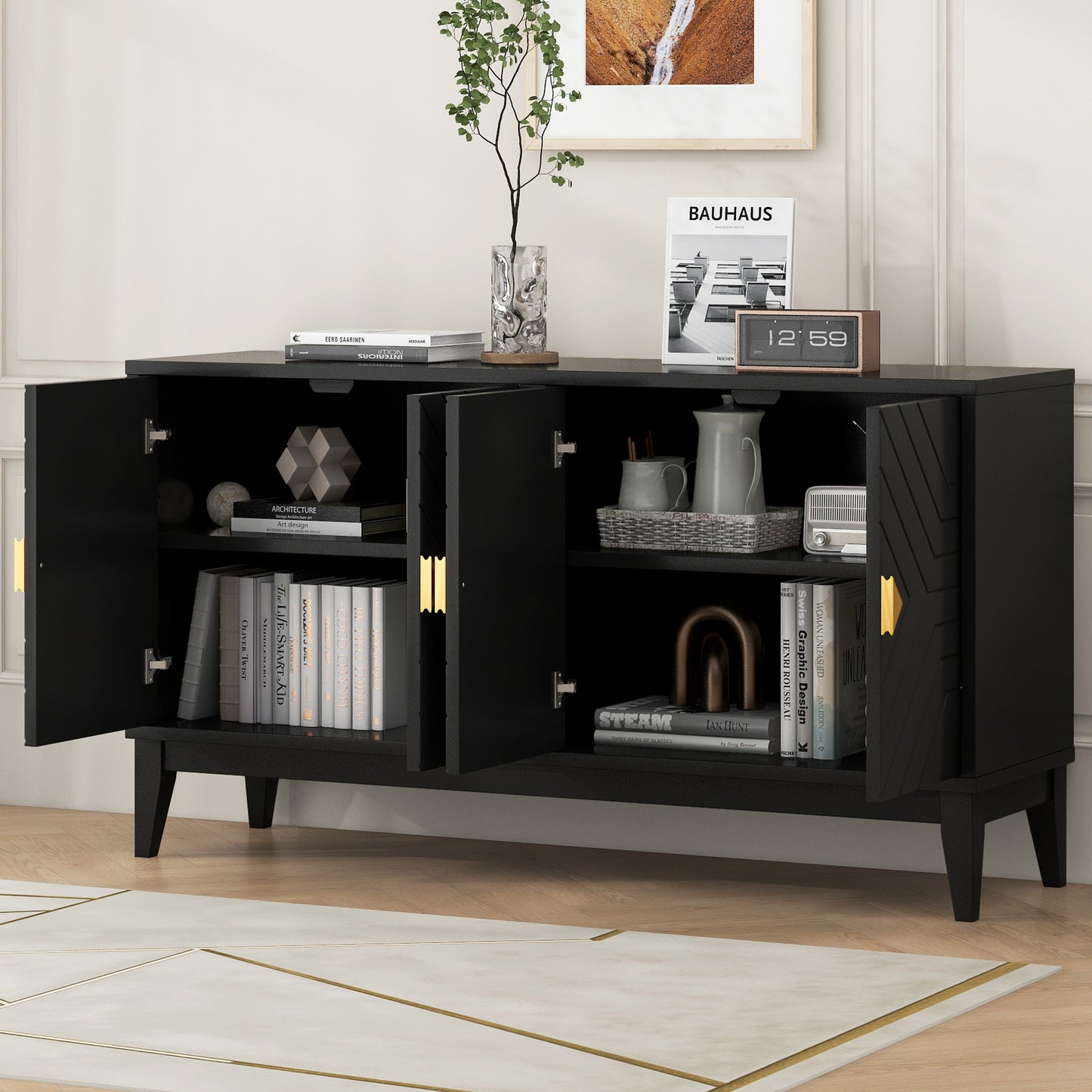 4-Door Sideboard Storage Cabinet for Living Room and Dining Room, Two Large Cabinets with Gold Handles and Adjustable Shelf, Black