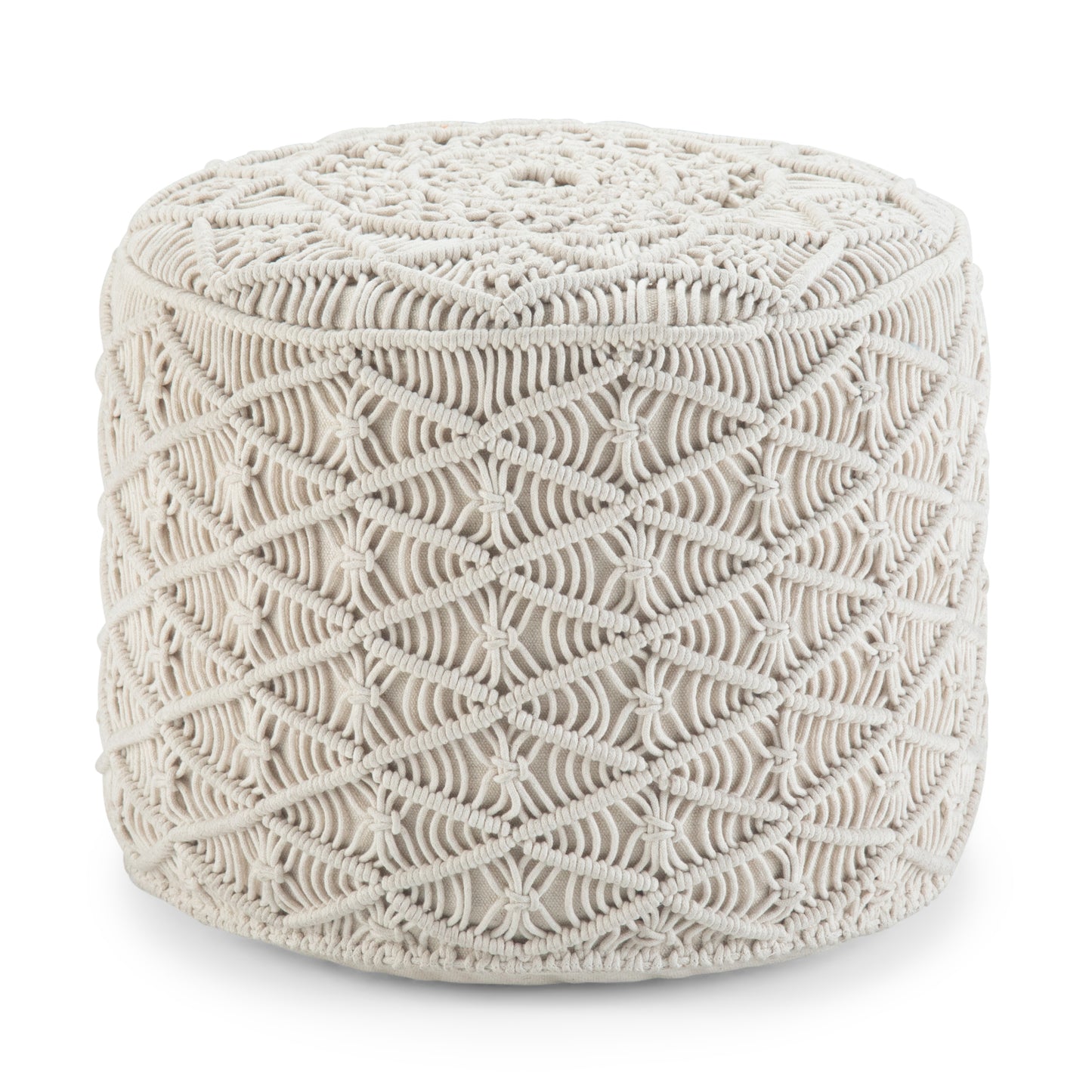 Round Macrame Pouf - Cotton Woven Foot Stool, 18 in Dia x 14 in H, Living Room/Bedroom Seating, White