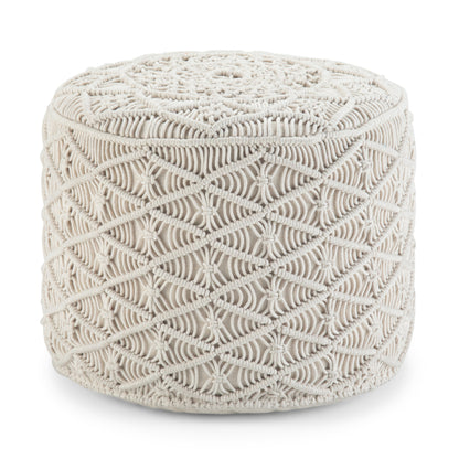 Round Macrame Pouf - Cotton Woven Foot Stool, 18 in Dia x 14 in H, Living Room/Bedroom Seating, White