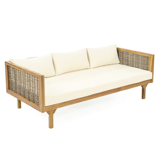 Three Seater Daybed With Rattan Arms And Acacia Wood Frame For Living Room Or Patio Beige