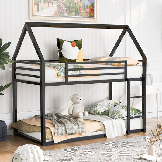 Twin House Bunk Bed for Kids - Black Twin over Twin Design with Built-in Ladder