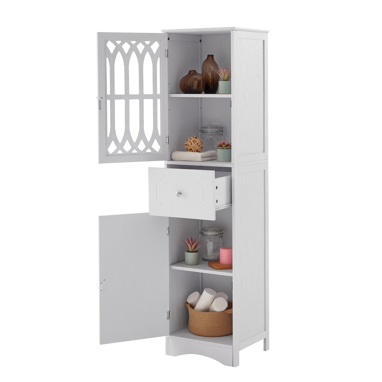 Sleek White Freestanding Bathroom Storage Cabinet with Adjustable Shelves and Drawer