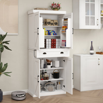 Elegant 71" White Freestanding Kitchen Pantry Cabinet with 4 Doors, 1 Drawer, Adjustable Shelves for Versatile Storage