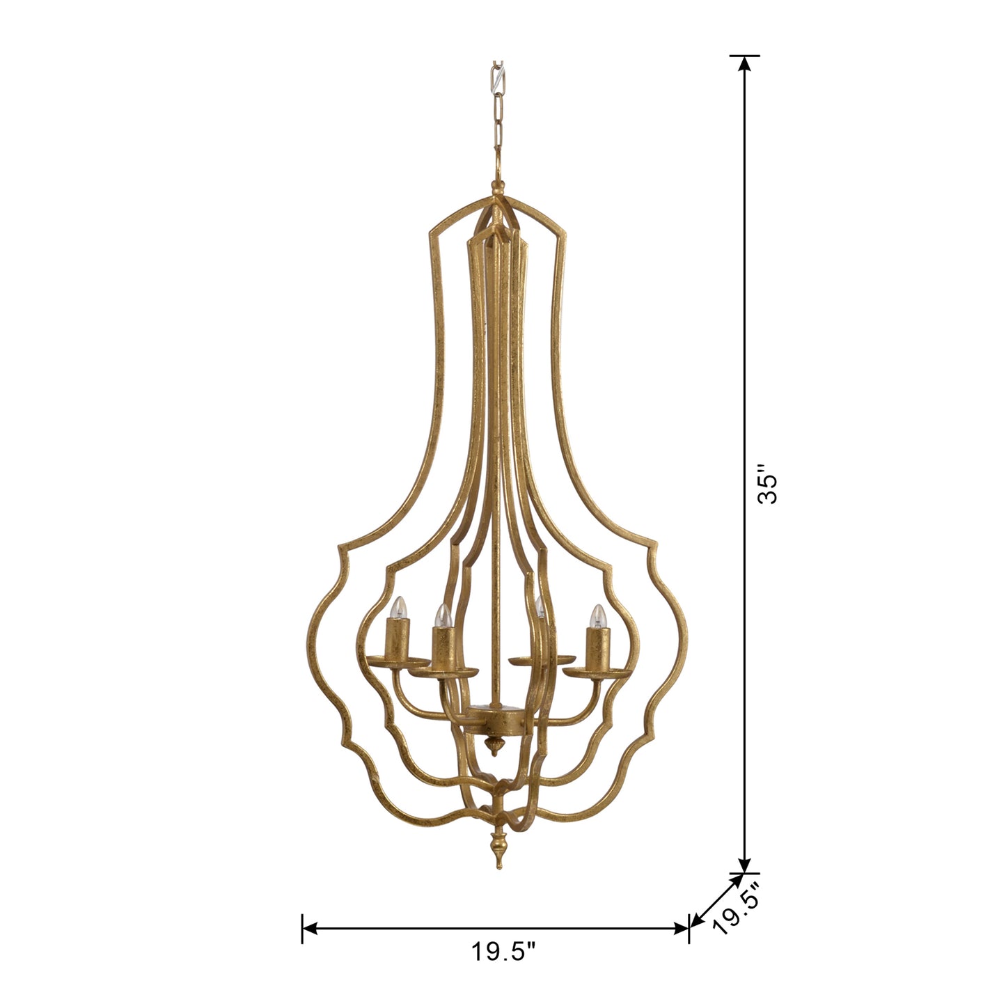 4-Light Iron Chandelier with Chain for Kitchen/Dining, 19.5in Square, 35in Height, 60W E12 Antique Gold