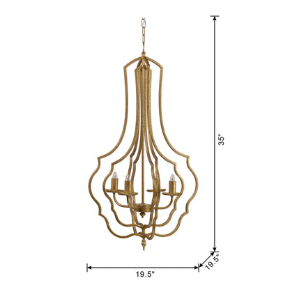 4-Light Iron Chandelier with Chain for Kitchen/Dining, 19.5in Square, 35in Height, 60W E12 Antique Gold