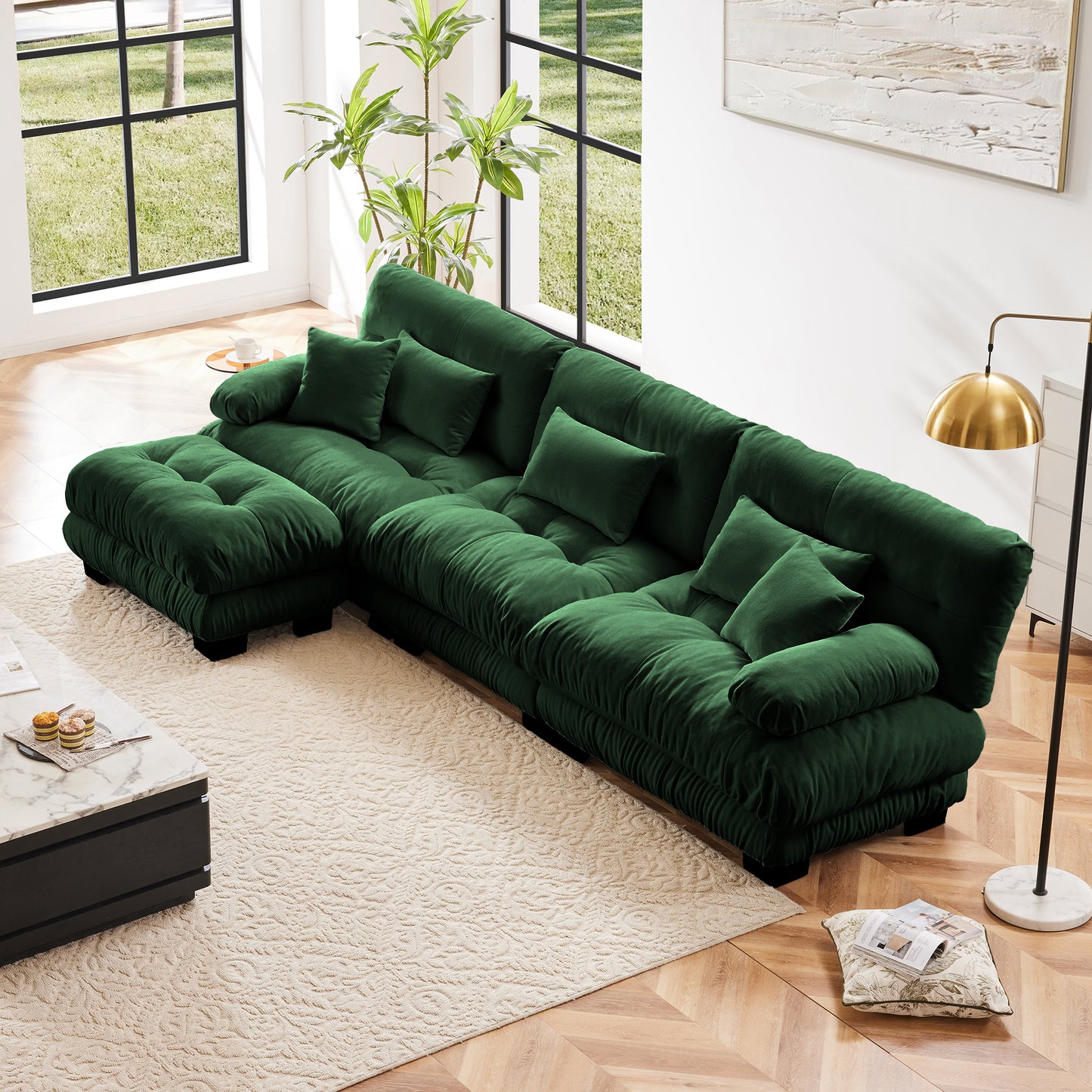 Modular L-Shaped Sectional Sofa with Convertible Ottoman, Deep-Seat Cushions, Chenille Upholstery, Green