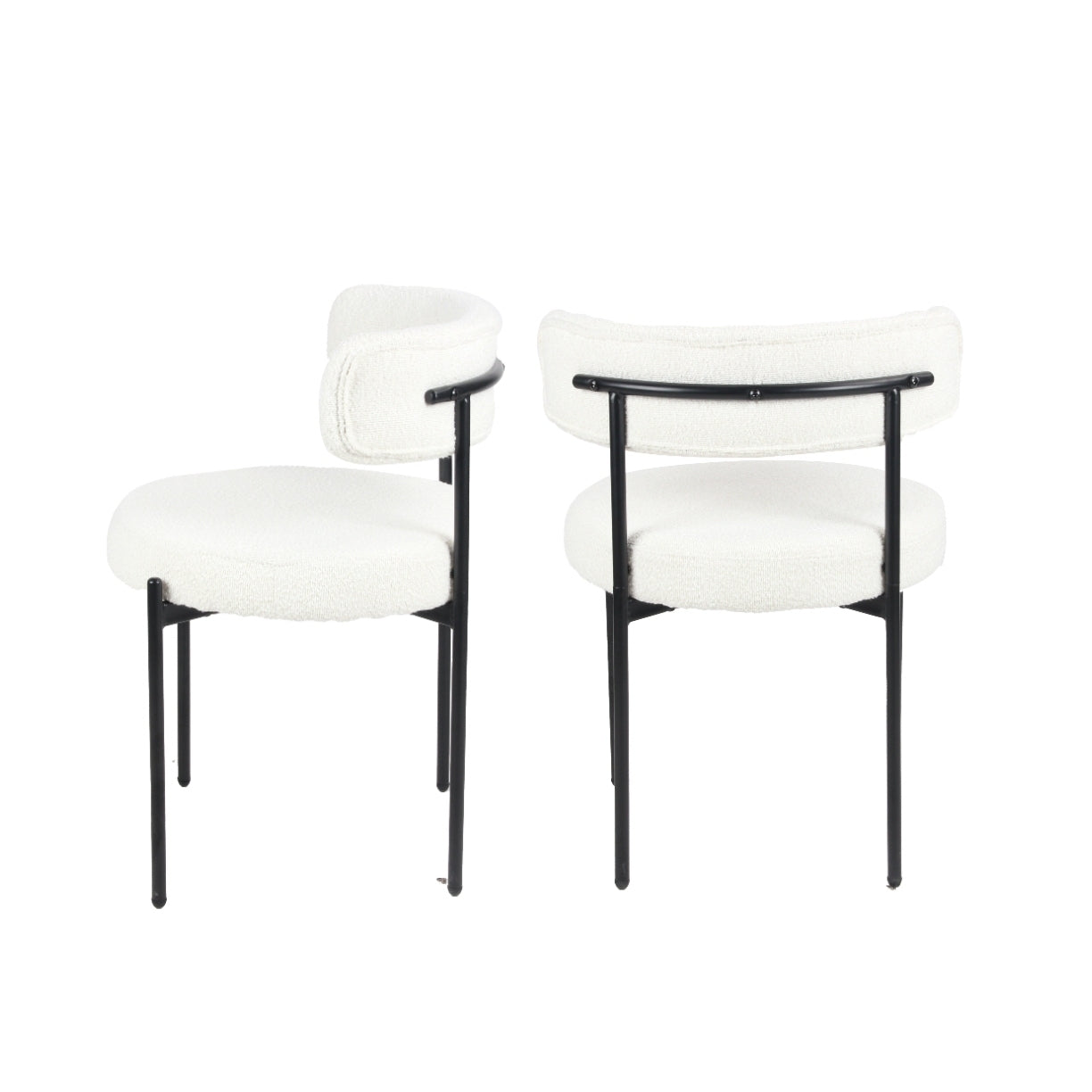 Set of 2 Modern Round Boucle Dining Chairs with Foam Cushions, 20.25W x 20.25D x 29H, Iron Legs, White