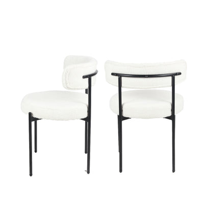 Set of 2 Modern Round Boucle Dining Chairs with Foam Cushions, 20.25W x 20.25D x 29H, Iron Legs, White