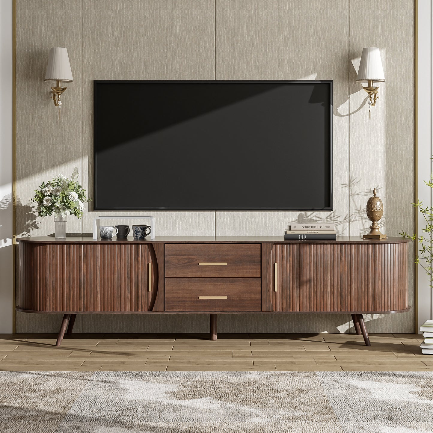 80-Inch TV Stand, Mid-Century Modern Entertainment Center with 2 Drawers & Sliding Doors, Solid Wood + MDF, Dark Brown
