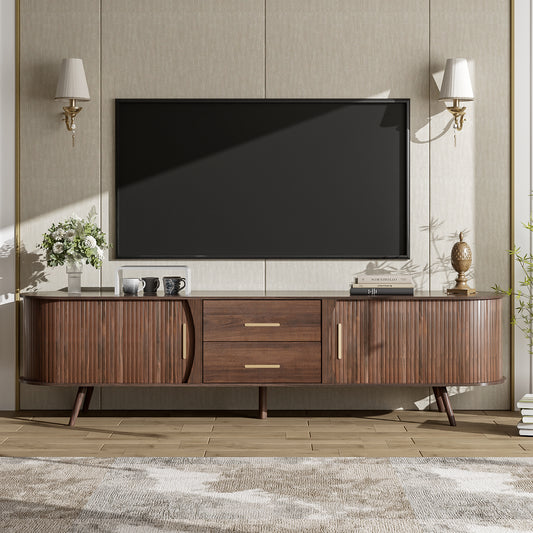 80-Inch TV Stand, Mid-Century Modern Entertainment Center with 2 Drawers & Sliding Doors, Solid Wood + MDF, Dark Brown