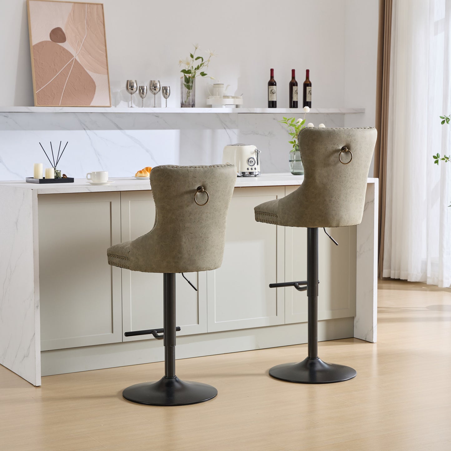 Aged Retro PU Swivel Bar Stools Adjustable Olive Green 2 Pack